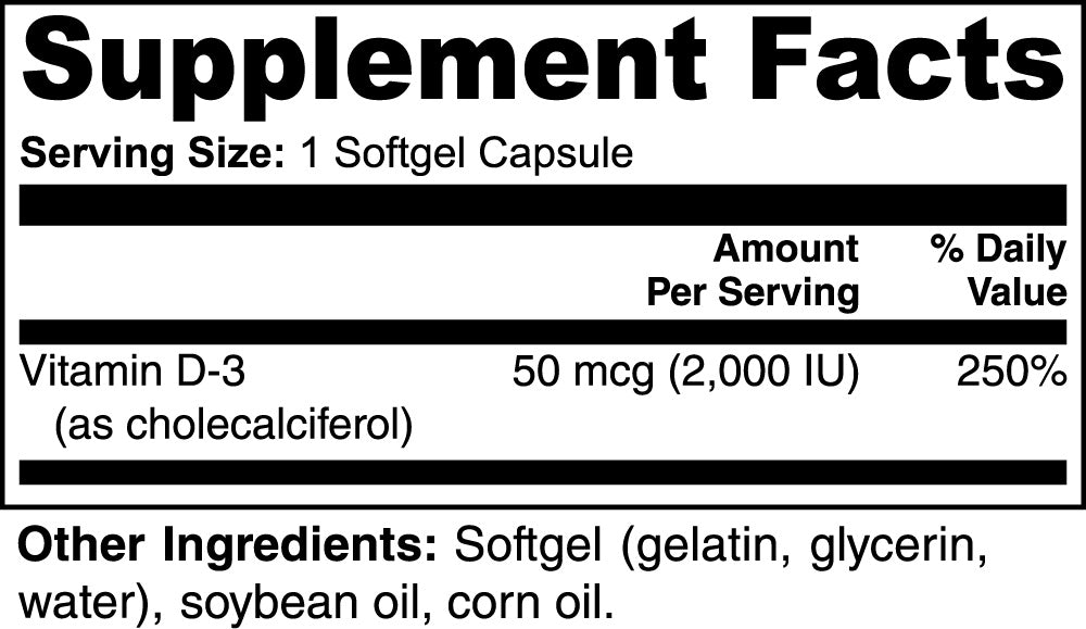 Vitamin D3 2000 IU – Bone Strength, Immune Support & Energy Boost – 100 Softgels Supplement